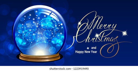 Vector snow globe with a town in blue color, vector illustration