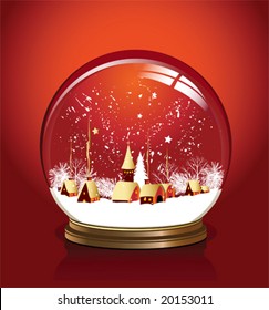 Vector snow globe with a town in red color, vector illustration