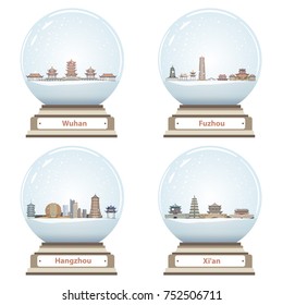 vector snow globes with abstract chinese city skylines inside
