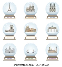 vector snow globes with european landmarks icons inside