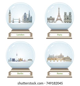 vector snow globes with London, Paris, Berlin and Rome landmarks inside