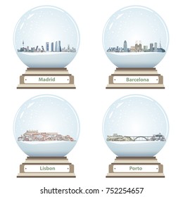 vector snow globes with Madrid, Barcelona, Lisbon and Porto abstract city skylines inside