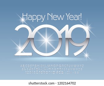 Vector snow Happy New Year 2019 Greeting Card with set of Letters and Numbers. Silver thin Font.
