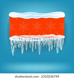 Vector Snow Ice Frame and Red Banner on Blue Background. Christmas Card Design Element. Winter Snow cap.