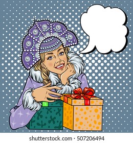 Vector Snow Maiden closeup in snow, pop art comic style Christmas winter woman illustration