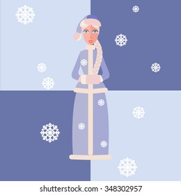 Vector Snow Maiden in flat style. Christmas illustration with girl and snowflakes. Happy New Year greeting card, poster.