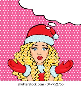 Vector Snow Maiden in red costume, pop art comic surprised woman with thought bubble