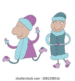 Vector Snow Maiden and Santa Claus. The Snow Maiden and Santa Claus wish everyone a Merry Christmas. Isolated. Drawn by hand. Coloring pages for children and adults. Cartoon
