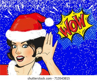Vector Snow Maiden surprised face closeup in snow, pop art comic style Christmas winter woman illustration