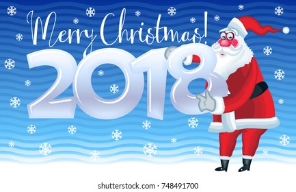 Vector snow Merry Christmas greeting card with happy Santa Claus holding 2018  for Children. Contains Graphic Style 