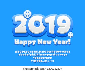 Vector snow modern Greeting Card Happy New Year 2019 for Children. Artistic set of contemporary Alphabet letters, Symbols and Numbers. Bright White and Blue Font.