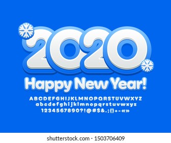 Vector snow modern Greeting Card Happy New Year 2020 for Children. Creative Alphabet Letters, Symbols and Numbers. Bright White and Blue Font.