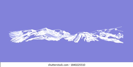 Vector Snow Mountain Sketch, Sky Blue Background, Hand Drawn Illustration, White Chalk Drawing Template.