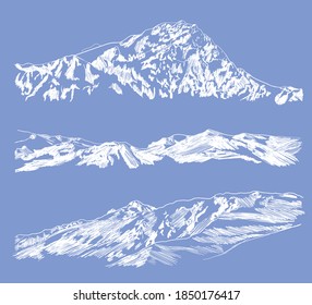 Vector Snow Mountain Sketches Set, Sky Blue Background, Hand Drawn Illustration, White Chalk Drawing Template.