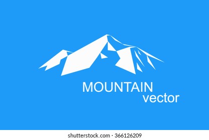  Vector snow mountains peak (Everest) logo. Can be used as sports badge, emblem of mineral water, tourism banner, travel icon, sign, decor... Blue background.
