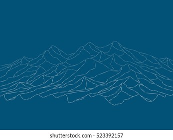 vector snow mountains peak logo alpine landscape outline illustration. blue background. linear style