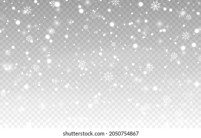 Vector snow. Snow on an isolated transparent background. Snowfall, blizzard, winter, snowflakes. Christmas image.