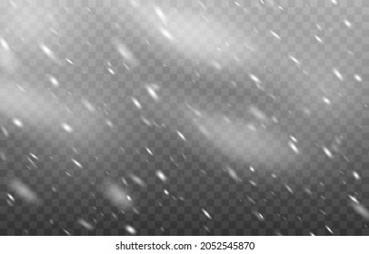 Vector snow. Snow on an isolated transparent background. Snowfall, blizzard, winter, snowflakes. Christmas image.