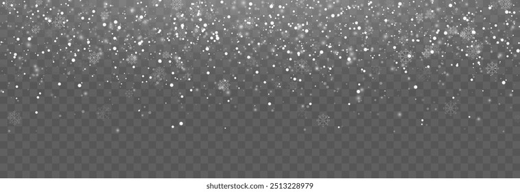 Vector snow on isolated transparent background. Snow png, snowflakes png. Snowfall, blizzard, winter. Snowy or Christmas background.