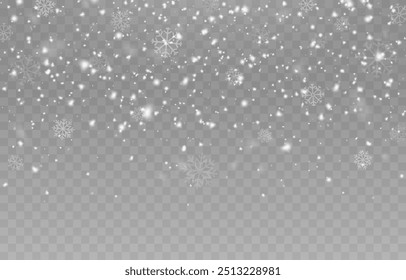 Vector snow on isolated transparent background. Snow png, snowflakes png. Snowfall, blizzard, winter. Snowy or Christmas background.