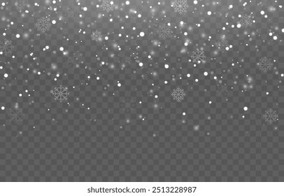 Vector snow on isolated transparent background. Snow png, snowflakes png. Snowfall, blizzard, winter. Snowy or Christmas background.