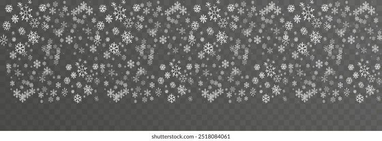 Vector snow on isolated transparent background. Snow png, snowflakes png. Snowfall, blizzard, winter. Snowy or Christmas background.
