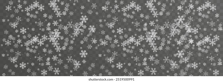Vector snow on isolated transparent background. Snow png, snowflakes png. Snowfall, blizzard, winter. Snowy or Christmas background.