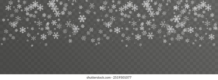 Vector snow on isolated transparent background. Snow png, snowflakes png. Snowfall, blizzard, winter. Snowy or Christmas background.