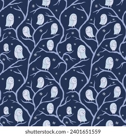Vector Snow Owl Sitting on Tree in Winter Season Seamless Pattern Background Wallpaper Blue White Color