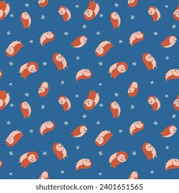 Vector Snow Owl Sitting on Tree in Winter Season Seamless Pattern Background Wallpaper Blue Orange White