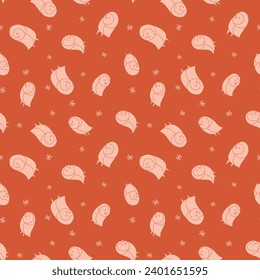 Vector Snow Owl Sitting on Tree in Winter Season Seamless Pattern Outline Background Wallpaper White And Orange Color