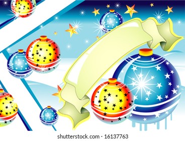 Vector snow place with Christmas ball, ribbon and stars.