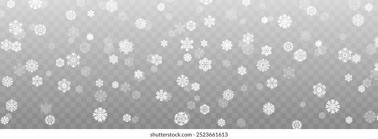 Vector snow png. Falling snowflakes on isolated transparent background. Snowflakes, snow storm, winter, snowfall png.