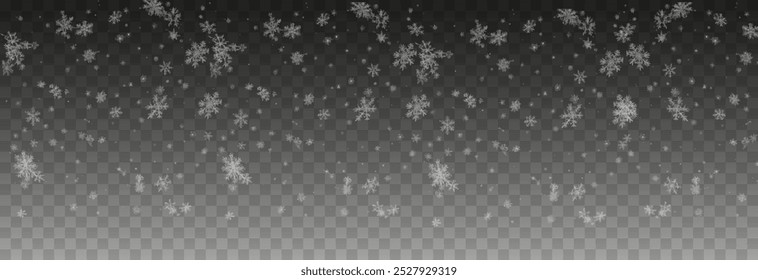 Vector snow png. Falling snowflakes on isolated transparent background. Snow storm, snowflakes, winter, snowfall png.