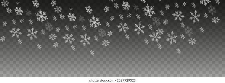 Vector snow png. Falling snowflakes on isolated transparent background. Snow storm, snowflakes, winter, snowfall png.