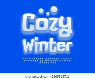 Vector Snow poster Cozy Winter. Glowing Playful Font. Teenage White 3D Alphabet Letters and Numbers set.