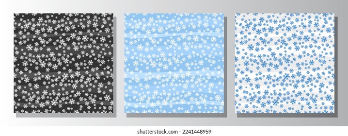 Vector Snow Seamless Patterns, set of three repeating backgrounds with illustration of falling snow on 3 various abstract background, winter snow weather pattern for variety christmas wrapping paper