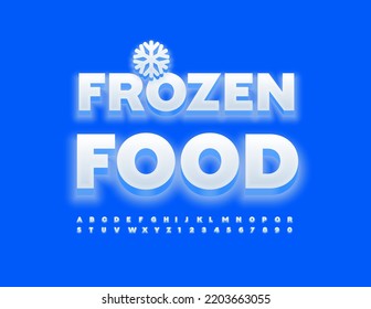 Vector snow sign Frozen Food with decorative Snowflake. Creative White Font. Modern 3D Alphabet Letters and Numbers