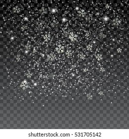 Vector snow and snowflakes randomly flying in the air. Snowfall isolated on black transparent background.