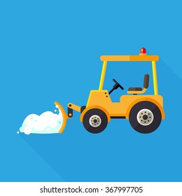 vector snow tractor with snowdrift in plow / flat icon / yellow on blue