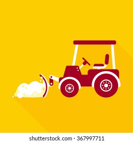 vector snow tractor with snowdrift in plow / flat icon / red and white on yellow