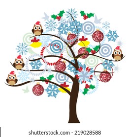 vector snow tree with balls, owls in Santa hat, snowflakes