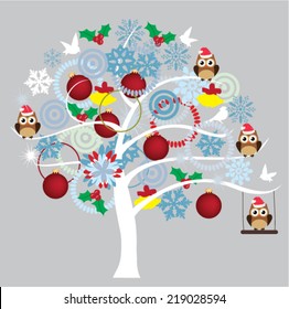 vector snow tree with balls, owls in Santa hat, snowflakes