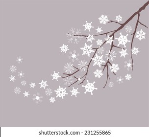 vector snow tree branch with snowflakes 
