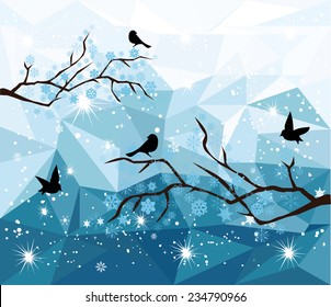 vector snow tree branches with birds on abstract geometrical diamond background