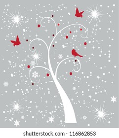 vector snow tree with red birds
