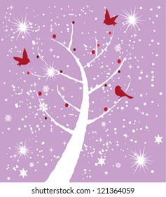 vector snow tree with red birds