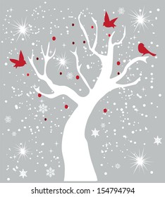 Vector Snow Tree With Red Birds