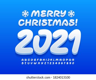 Vector snow white card Merry Christmas 2021! Creative White Font. Artistic Alphabet Letters and Numbers set