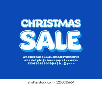 Vector snow white Christmas Sale Emblem. 3D Alphabet Letters, Symbols and Numbers with Blue shadow.